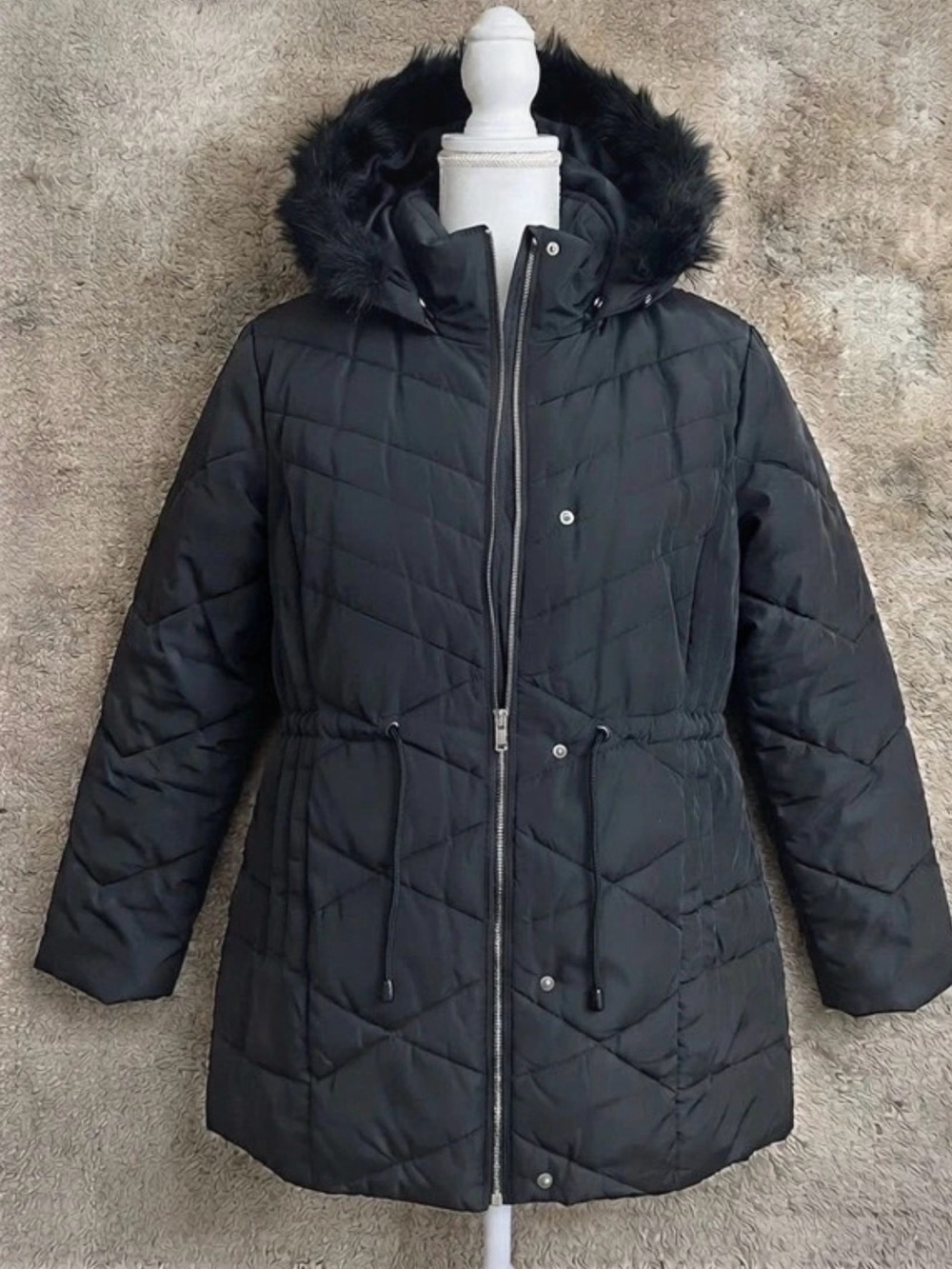 Ava & Viv Black Quilted Hooded Puffer Coat with Faux Fur Trim